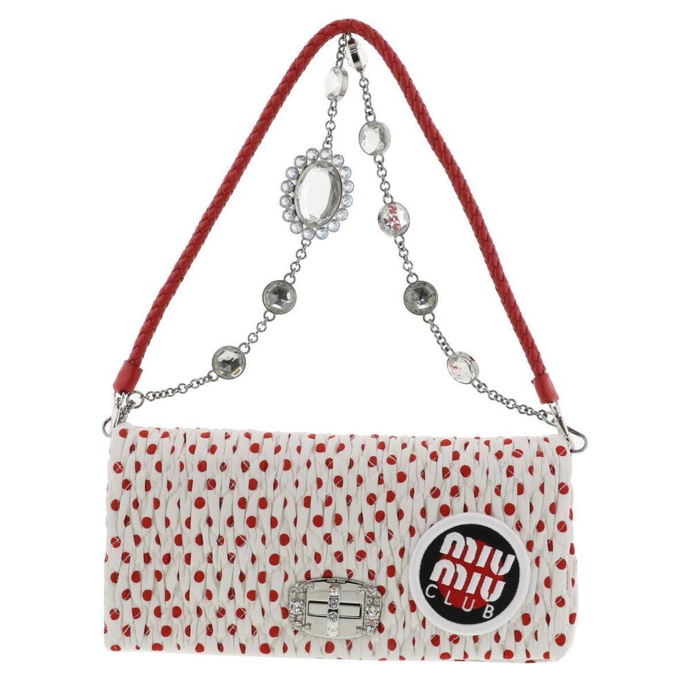 Miu Miu Nappa Crystal Chain Shoulder Bag Rhinestone Embellished Red White